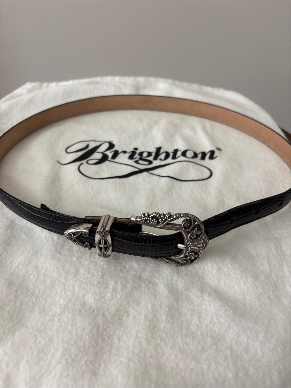 Brighton Black Leather Belt with Decorative Silver Buckle